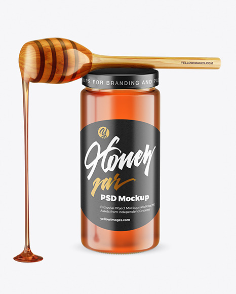 Clear Glass Honey Jar with Wooden Dipper Mockup