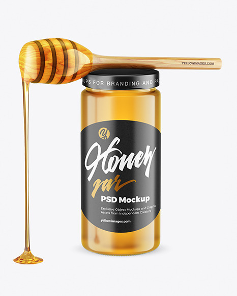 Clear Glass Honey Jar with Wooden Dipper Mockup