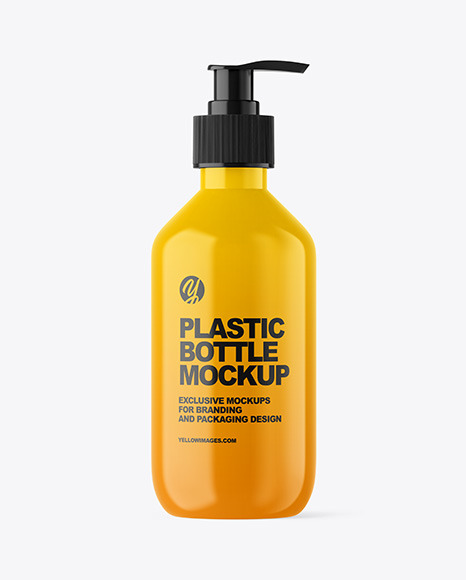 Download Glossy Cosmetic Bottle with Pump Mockup in Bottle Mockups on Yellow Images Object Mockups