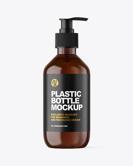 Amber Cosmetic Bottle with Pump Mockup on Yellow Images Object Mockups
