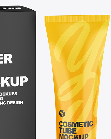 Download Glossy Cosmetic Tube w/ Box Mockup in Tube Mockups on Yellow Images Object Mockups