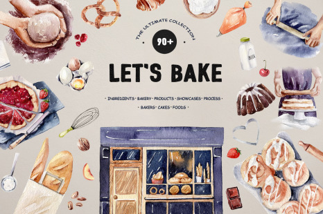 LET&#039;S BAKE Watercolor Aesthetic set, baking clipart, dessert