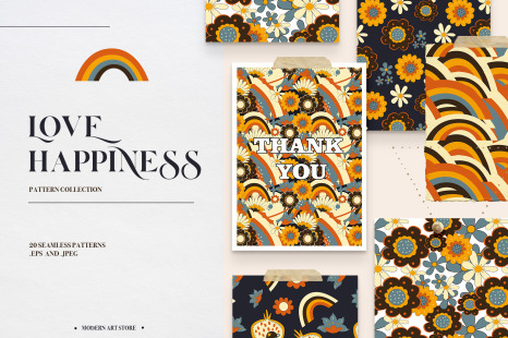 LOVE HAPPINESS. Hippie patterns, vector posters, floral