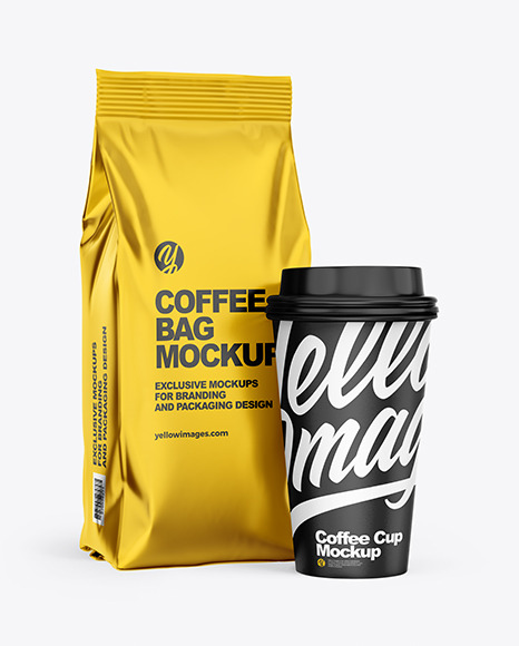 Metallic Coffee Bag with Cup Mockup - Half Side View