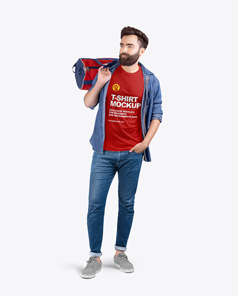 Man w/ Bag in Crew Neck Shirt Mockup