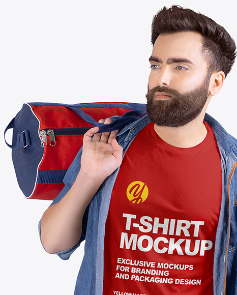 Man w  Bag in Crew Neck Shirt Mockup PSD #2