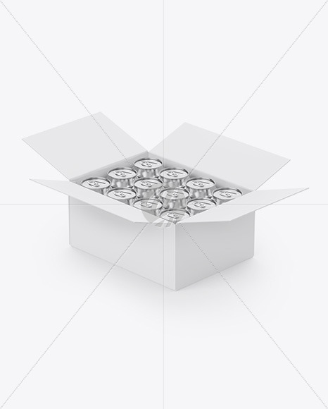 Box w/ Glossy Metallic Cans Mockup Box w/ Glossy Metallic Cans Mockup