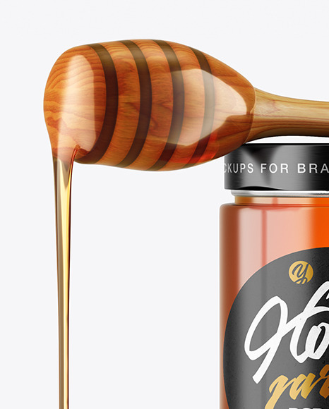 Clear Glass Honey Jar with Wooden Dipper Mockup PSD #2