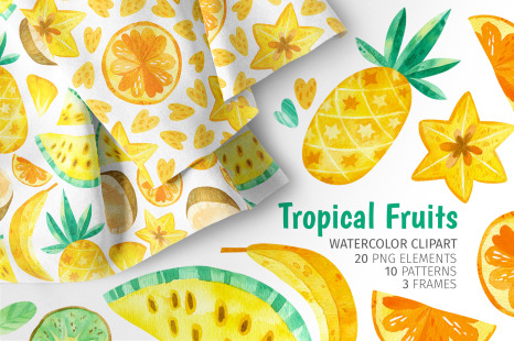 Watercolor tropical fruit - seamless patterns and clipart
