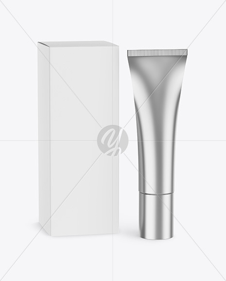 Download Metallic Cosmetic Tube W Box Mockup In Tube Mockups On Yellow Images Object Mockups