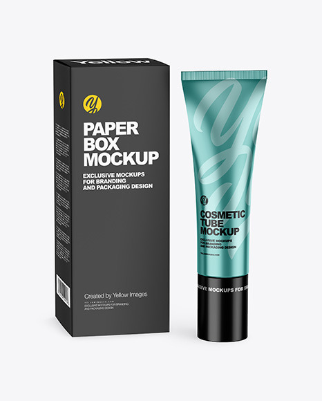 Download Metallic Cosmetic Tube W Box Mockup In Tube Mockups On Yellow Images Object Mockups