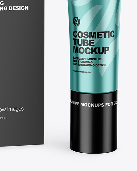 Download Metallic Cosmetic Tube W Box Mockup In Tube Mockups On Yellow Images Object Mockups