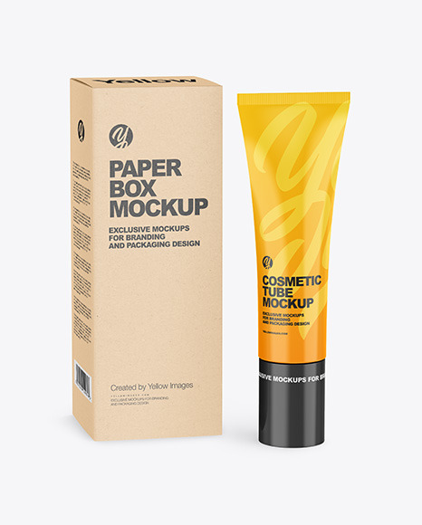 Download Glossy Cosmetic Tube W Kraft Box Mockup In Tube Mockups On Yellow Images Object Mockups