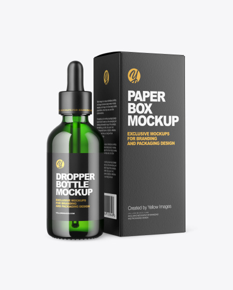 Green Glass Dropper Bottle with Paper Box Mockup PSD #2