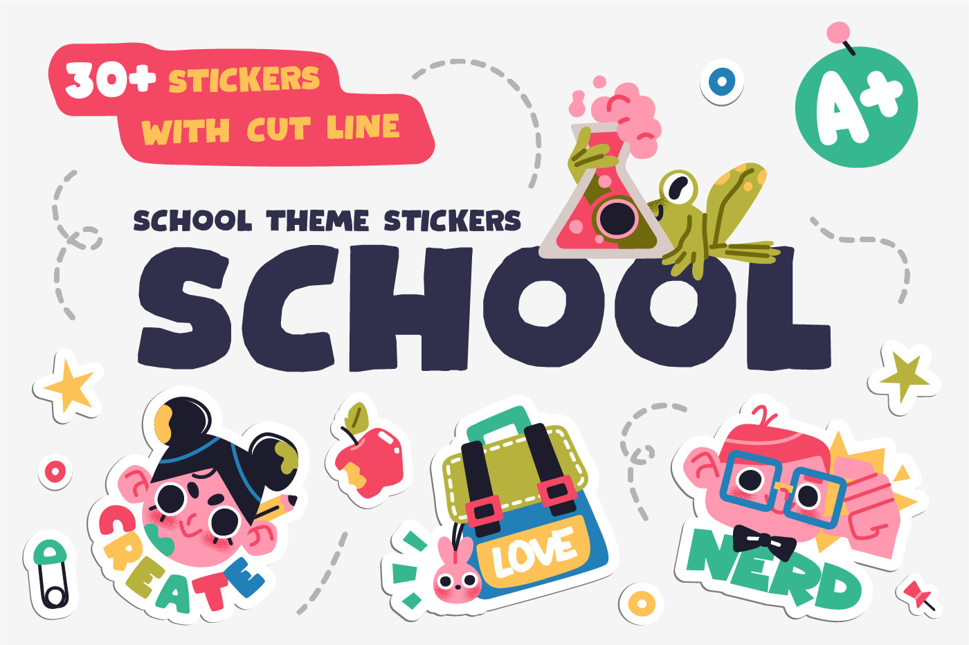 Collection of School stickers or badges with happy children, school