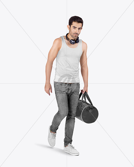 Man W Bag In Tank Top Mockup In Apparel Mockups On Yellow Images Object Mockups