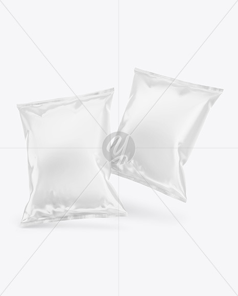 Download Two Glossy Snack Packages Mockup In Bag Sack Mockups On Yellow Images Object Mockups