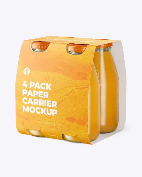 4 Bottles w/ Orange Juice Pack Paper Carrier Mockup