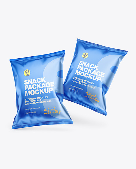 Download Two Matte Metallic Snack Packages Mockup In Bag Sack Mockups On Yellow Images Object Mockups