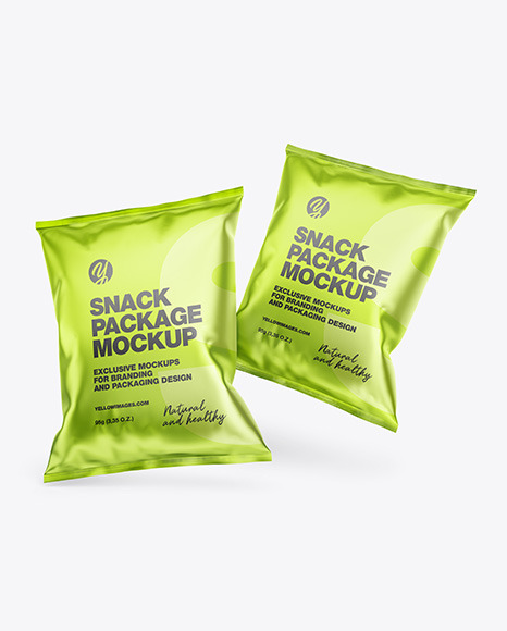 Download Two Matte Metallic Snack Packages Mockup In Bag Sack Mockups On Yellow Images Object Mockups