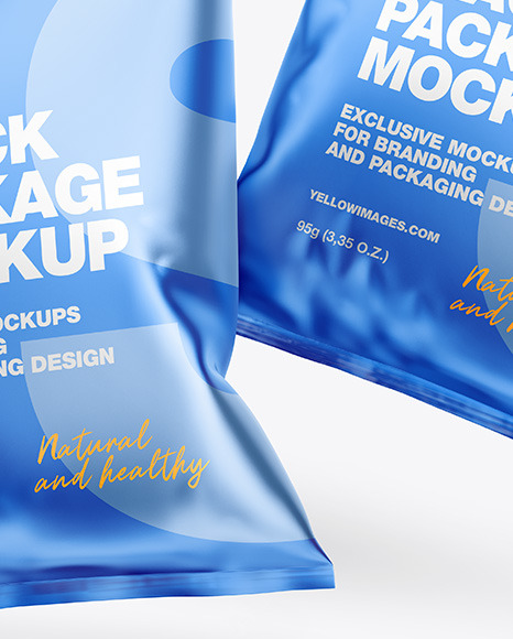 Download Two Matte Metallic Snack Packages Mockup In Bag Sack Mockups On Yellow Images Object Mockups