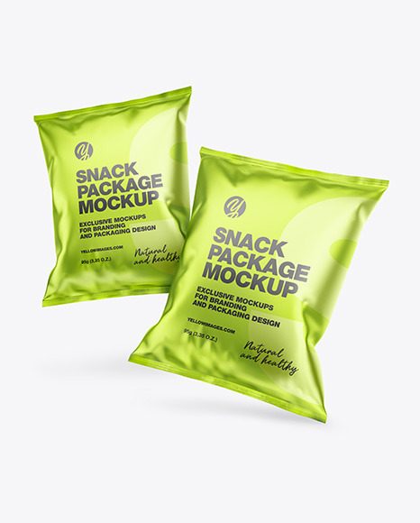 Download Two Matte Metallic Snack Packages Mockup In Flow Pack Mockups On Yellow Images Object Mockups