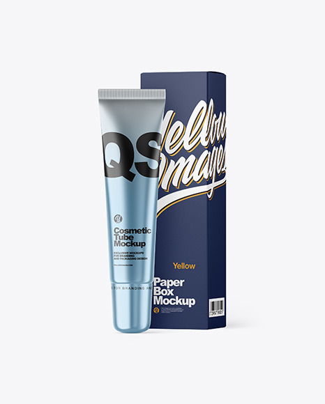 Download Metallic Cosmetic Tube With Box Mockup In Tube Mockups On Yellow Images Object Mockups