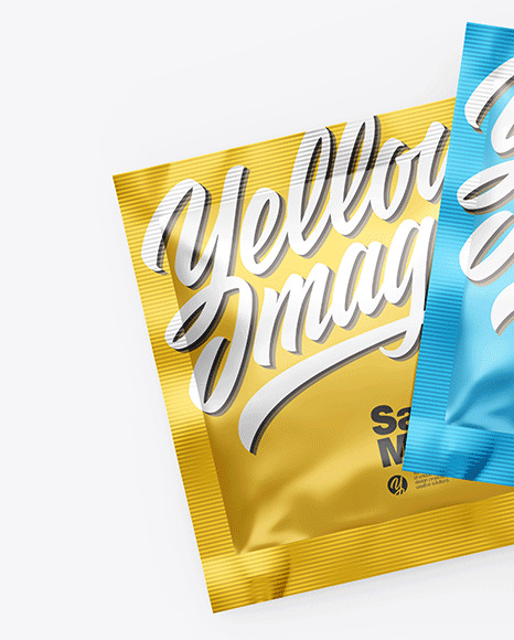Two Glossy Metallic Square Sachets Mockup PSD #2