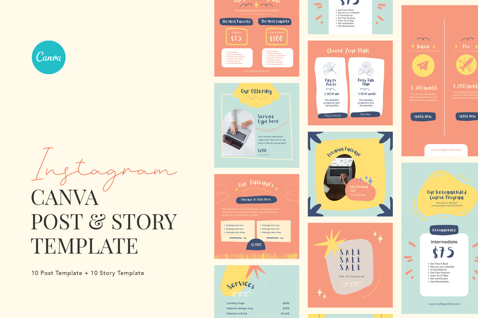 Cute and Playful Pricing Instagram Canva Template in Social Media Templates on Yellow Images Creative Store