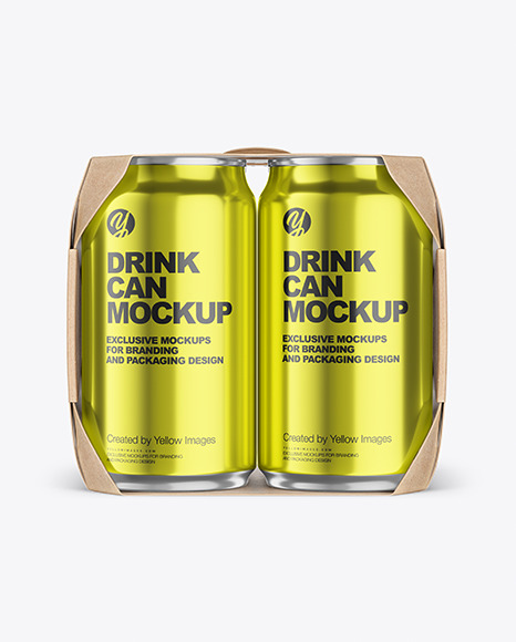 Carton Pack W/ 4 Glossy Metallic Cans Mockup