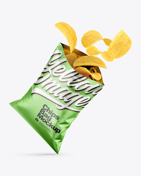 Opened Matte Metallic Bag With Riffled Potato Chips Mockup PSD #2