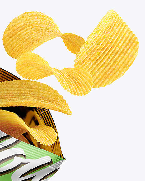 Opened Matte Metallic Bag With Riffled Potato Chips Mockup PSD #7