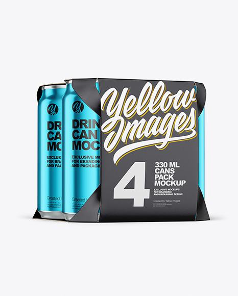 Carton Pack W/ 4 Glossy Metallic Cans Mockup