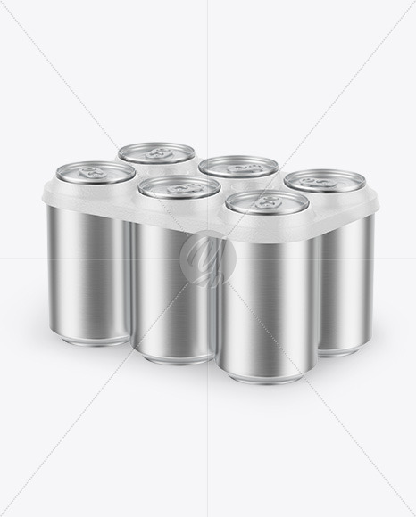 6 Pack Matte Metallic Cans with Holder Mockup PSD #3