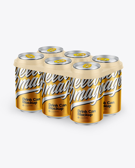 6 Pack 330ml Drink Cans with Holder Mockup