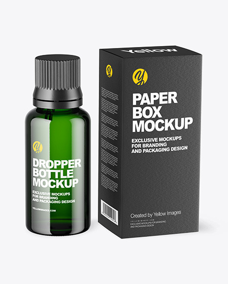 Download Green Glass Dropper Bottle With Paper Box Mockup In Box Mockups On Yellow Images Object Mockups