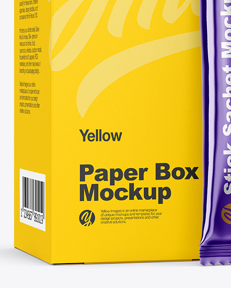 Download Metallic Stick Sachet W Paper Box Mockup In Box Mockups On Yellow Images Object Mockups