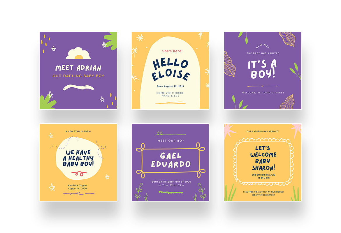 Baby Birth Announcement Instagram Canva on Yellow Images Creative Store