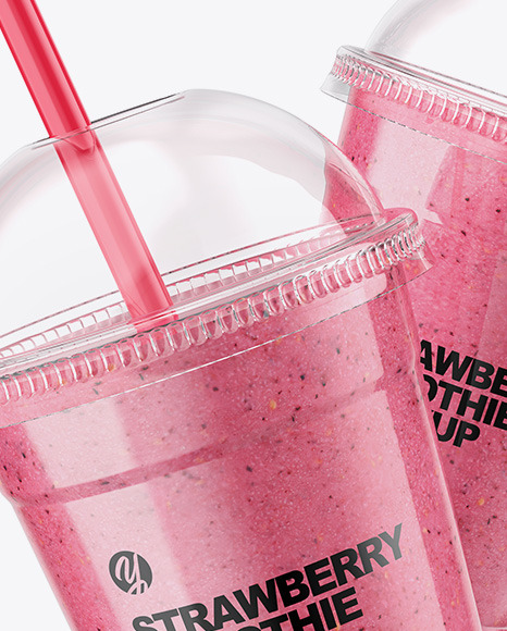 Two Strawberry Smoothie Cups Mockup PSD #2