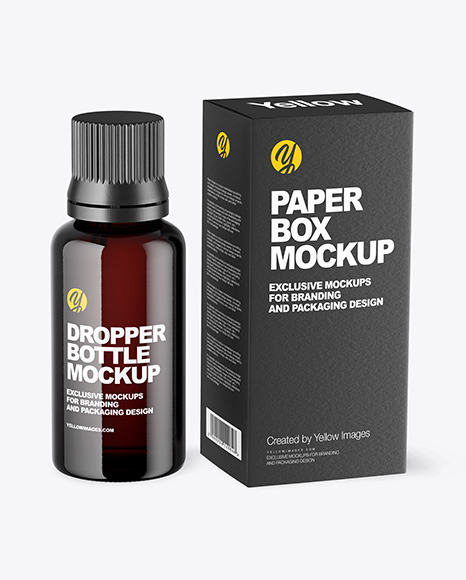 Dark Amber Glass Dropper Bottle with Paper Box Mockup