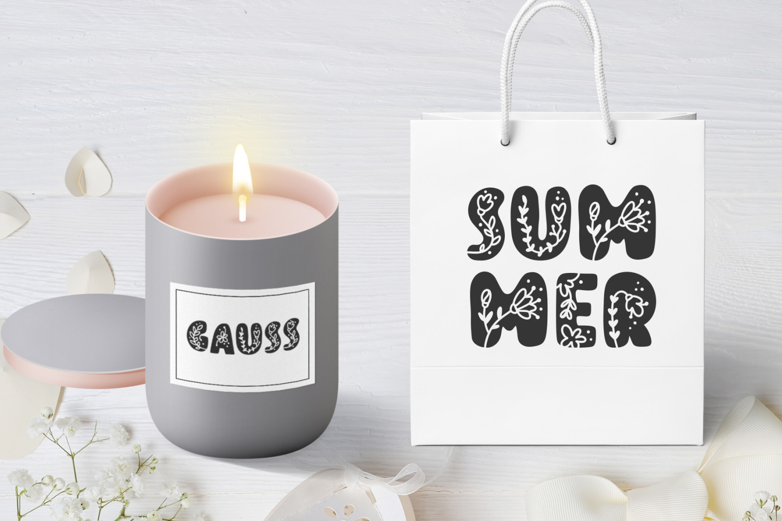 Flower Hand Drawn display Font on Yellow Images Creative Store