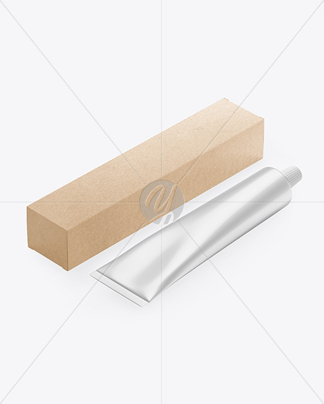 Kraft Box w/ Glossy Metallic Cosmetic Tube Mockup Kraft Box w/ Glossy Metallic Cosmetic Tube Mockup