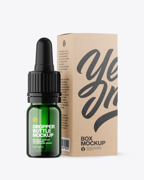 Green Glass Dropper Bottle w/ Kraft Box Mockup