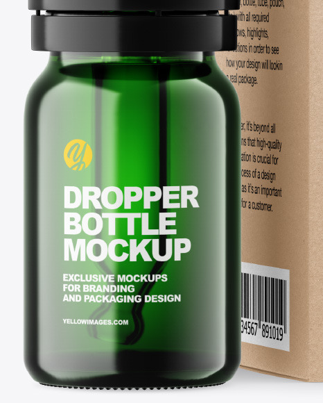 Green Glass Dropper Bottle w  Kraft Box Mockup PSD #2