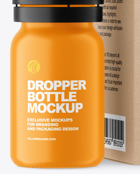 Matte Dropper Bottle w/ Kraft Box Mockup on Yellow Images Object Mockups