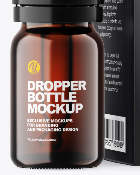 Dark Amber Glass Dropper Bottle w Paper Box Mockup PSD #2