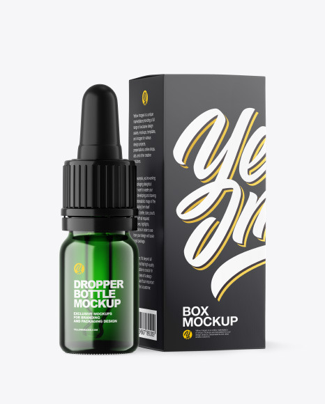 Green Glass Dropper Bottle w/ Paper Box Mockup