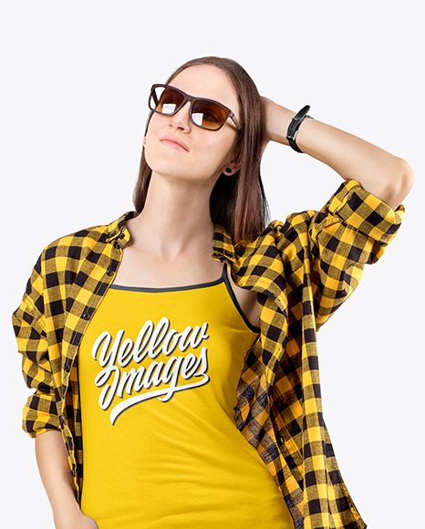 Woman in Strap Top, Shirt   Jeans Mockup PSD #2