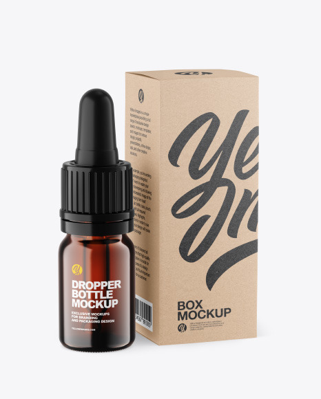 Dark Amber Glass Dropper Bottle w/ Kraft Box Mockup