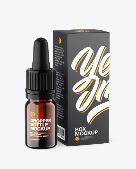 Dark Amber Glass Dropper Bottle w/ Box Mockup